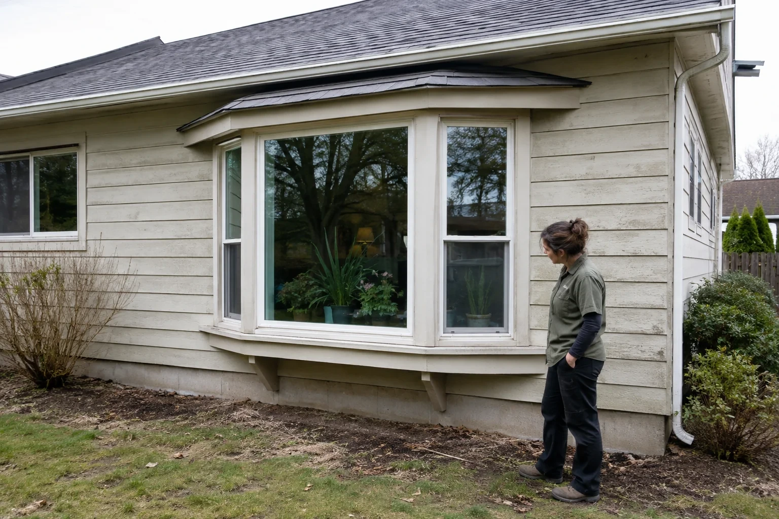 Woman beside a three-part projecting bay window on a house with pale siding.