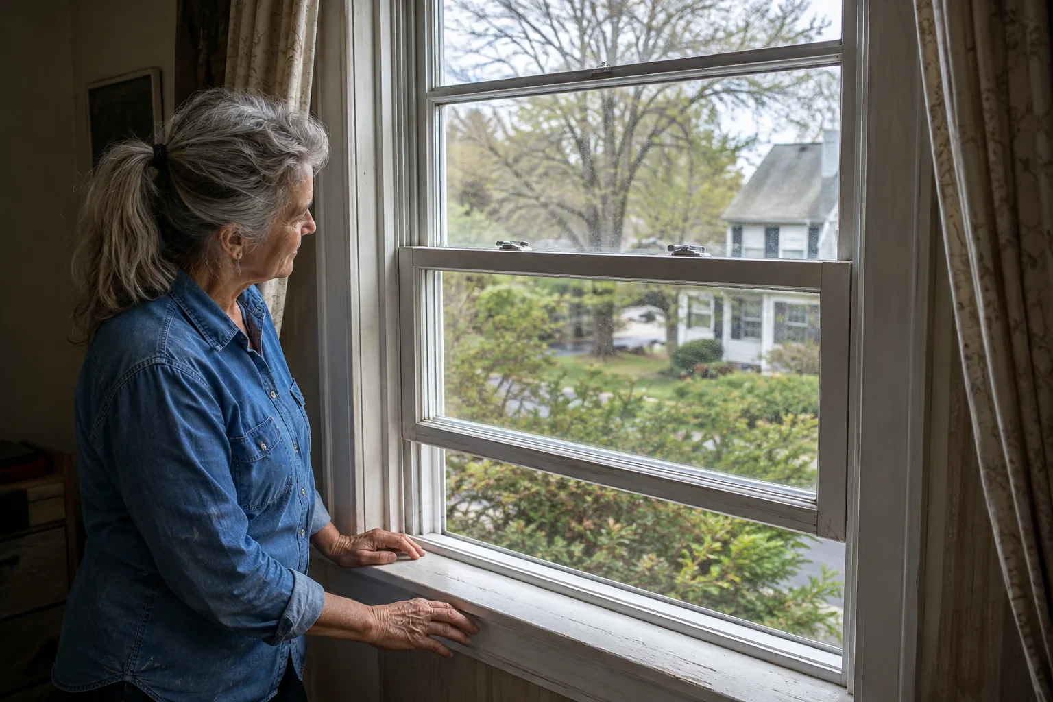 Woman beside a white sliding-sash window with its lower sash raised.
