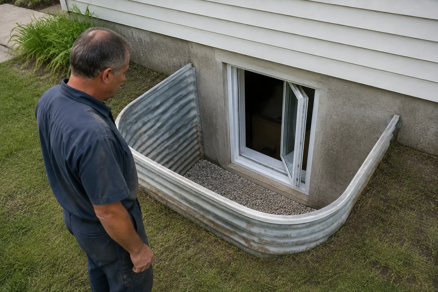 Man examining a basement window inside a gravel-bottomed metal window well.