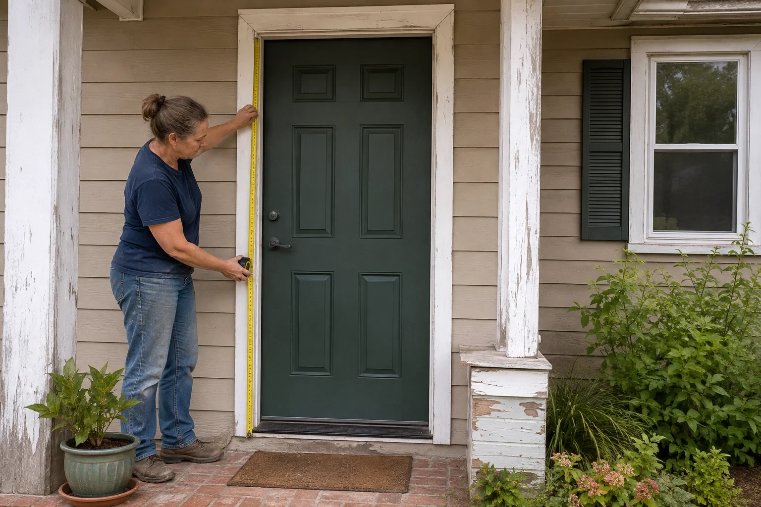 Woman holding a tape measure beside a green paneled entry door.