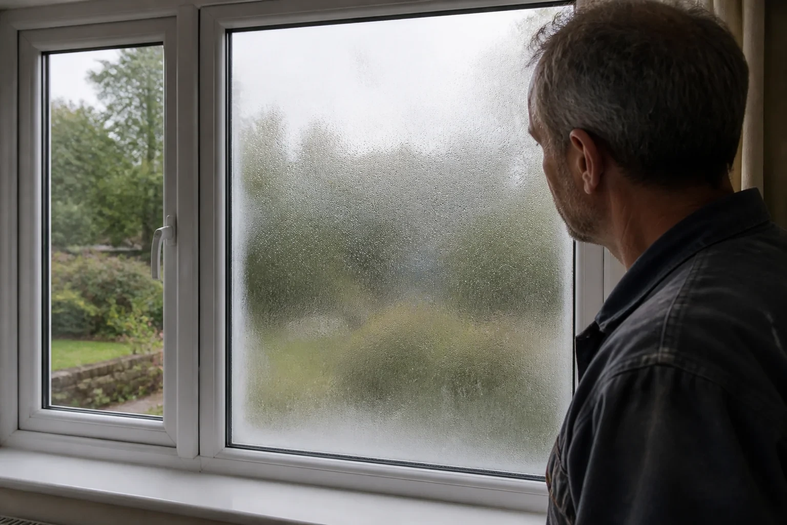 Man examining a cloudy window pane beside a clearer pane.