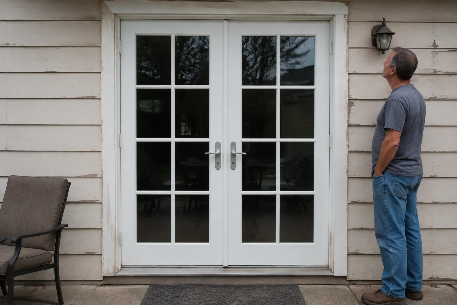 Man looking at the upper trim of paired white glazed French doors.