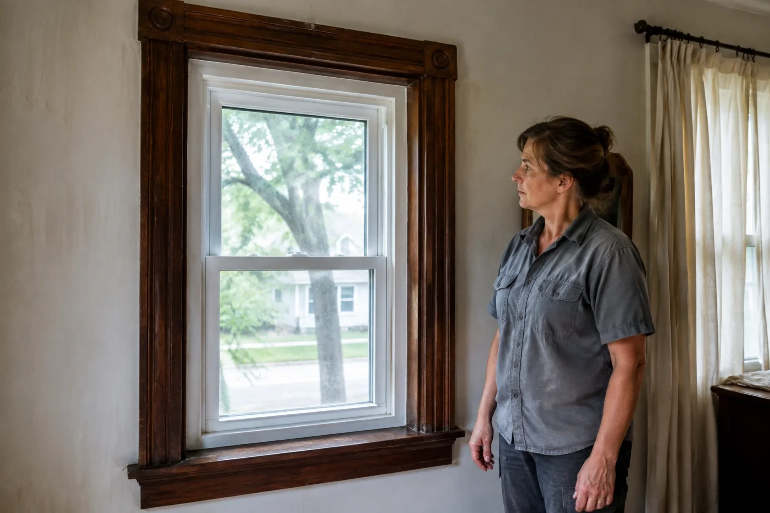 Woman examining a white window set within older dark wood trim.
