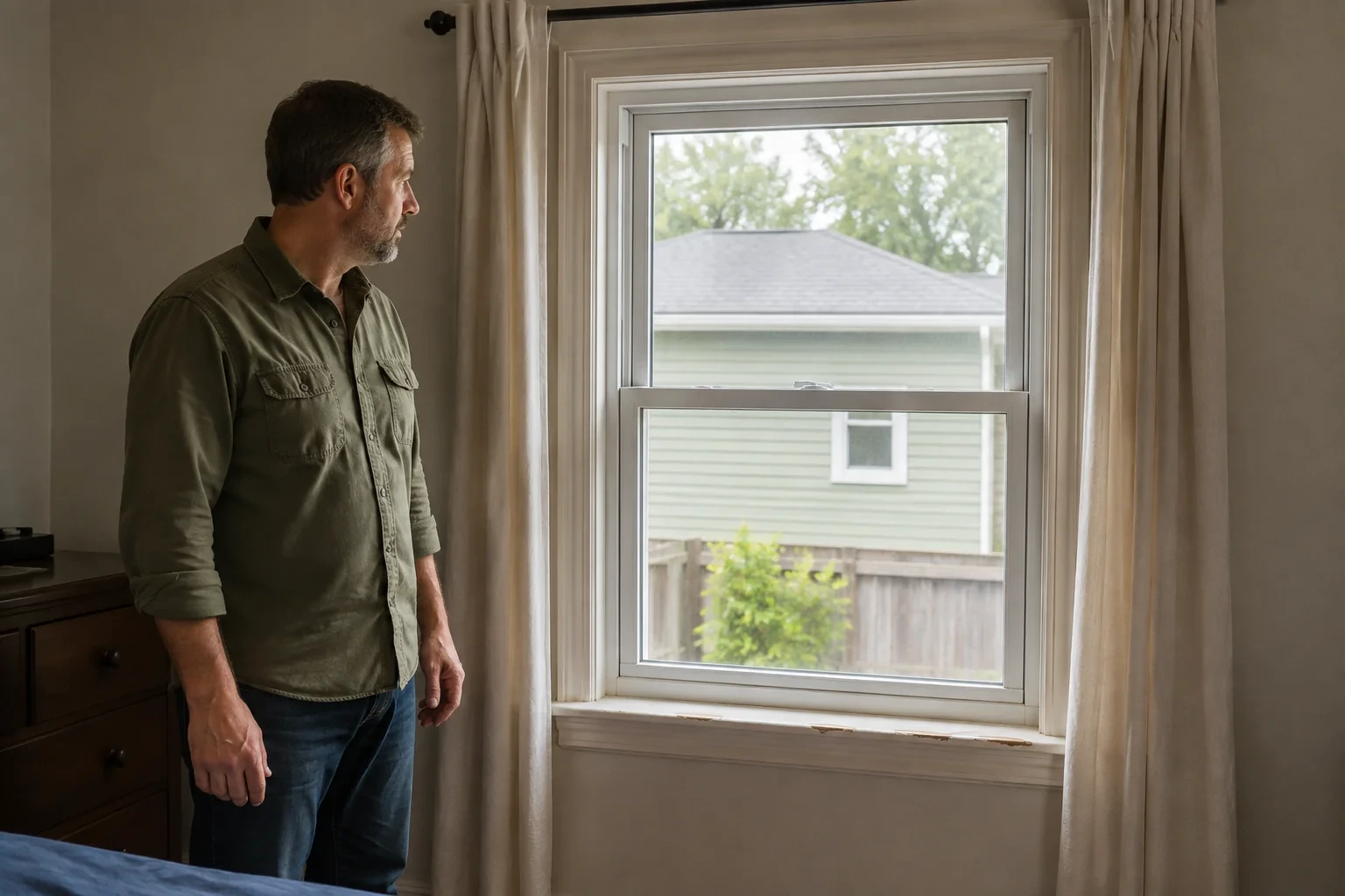 Man assessing a single white-framed bedroom window.