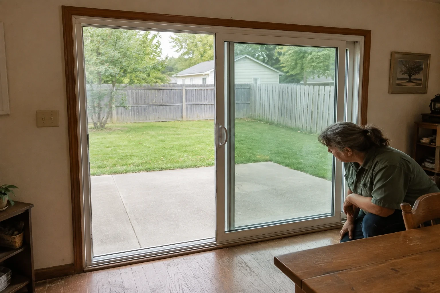 Woman examining the threshold of a partially open sliding patio door.