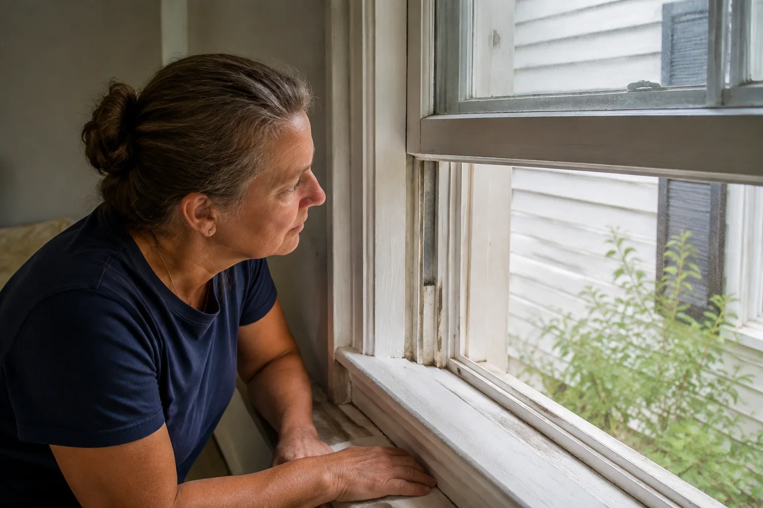 Woman examining the side channel beside a raised window sash.